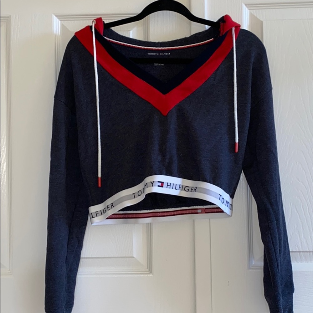 NWOT UO Tommy Hilfiger Red Lining Cropped Logo Hoodie